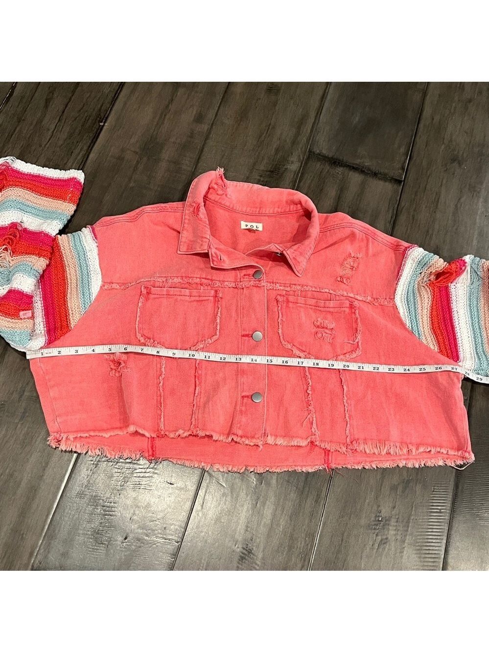 POL Cropped Pink Denim Distressed Jacket with Crochet Sleeves - Size Large - Picture 11 of 16